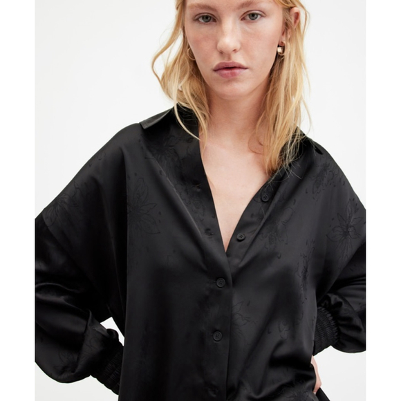 AllSaints Charli Relaxed Fit Jacquard Button Down Shirt Black Floral US 6 - Picture 1 of 5